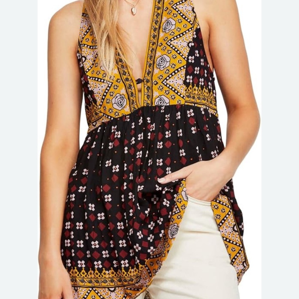 Free People Black and Yellow Boho Tunic Mini Dress